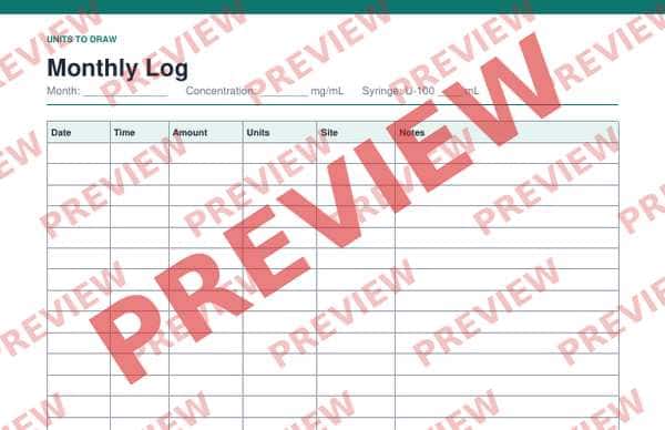 Watermarked, low-resolution partial preview: Dose Log monthly page