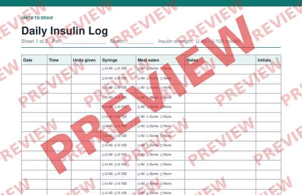 Watermarked, low-resolution partial preview: Pet Insulin Log daily page